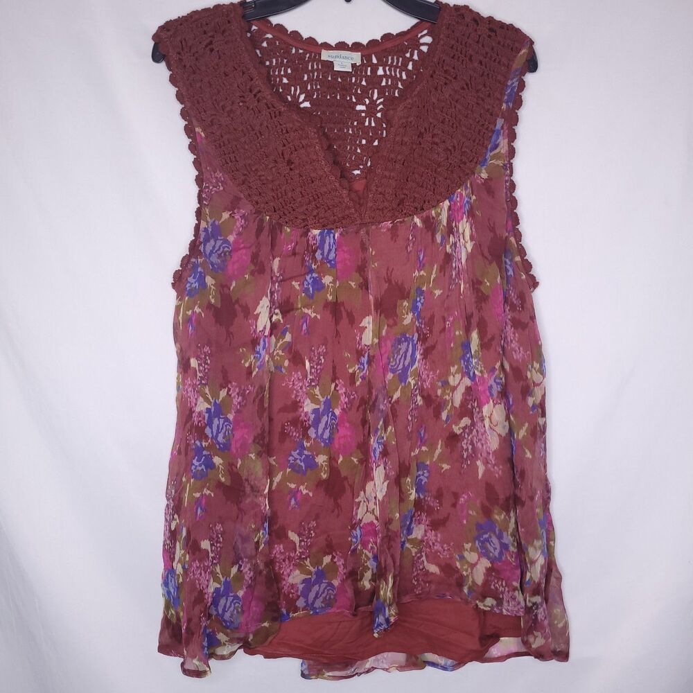 Sundance Blouse Womens Large Floral Red Crochet Sleeveless Boho